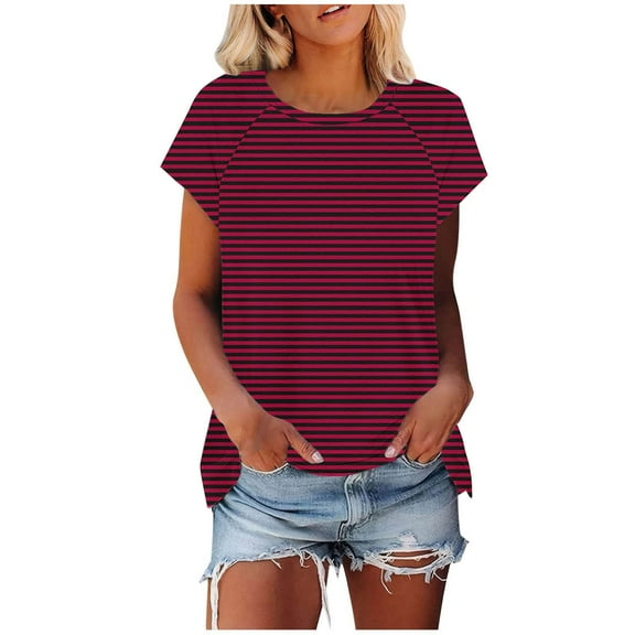 WCMZJ Womens Tops Basic Summer Crew Neck T Shirts Short Sleeve Striped Dressy Casual Loose Fit Cute Tee Clothes Trendy Fashion Outfits Wine S