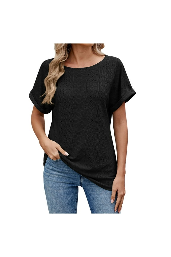 Womens Tops Eyelet Embroidery Summer Spring Curved Hem 2025 Casual Short Sleeve Trendy T Shirts Beach Vacation Clothes Black 2XL