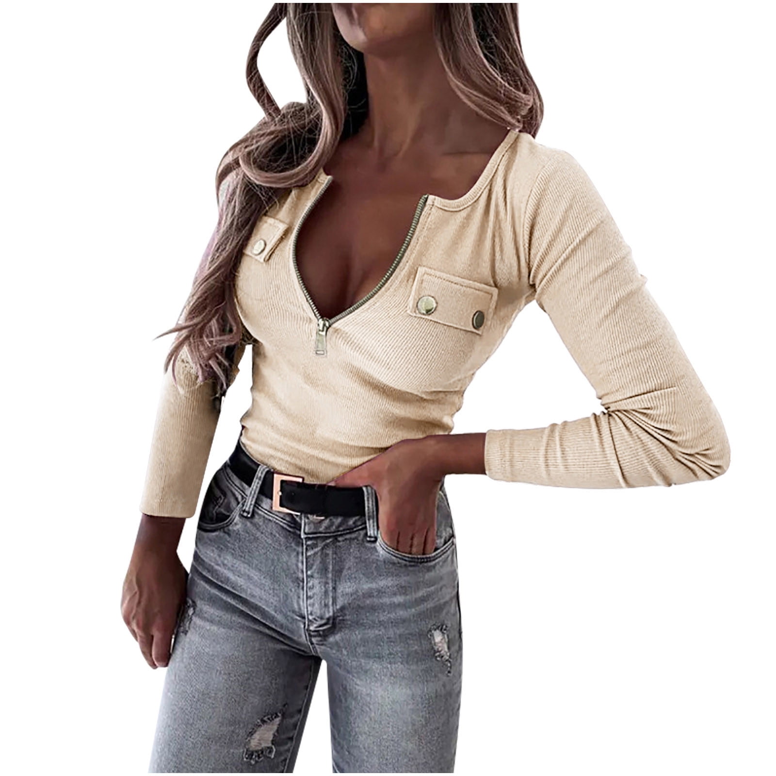 WCMZJ Womens Tops Long Sleeve Henley Shirts Fitted Low Cut