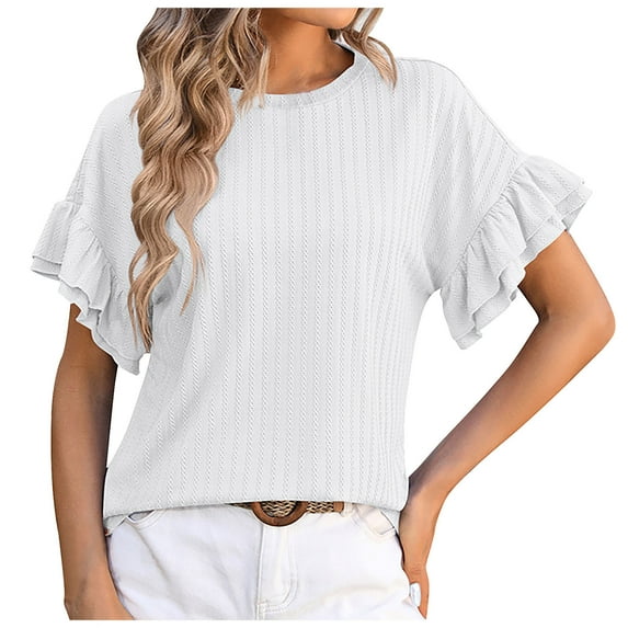 WCMZJ Womens Tops Ruffle Short Sleeve Crew Neck Shirts Solid Color Casual Loose Babydoll Blouses for Women