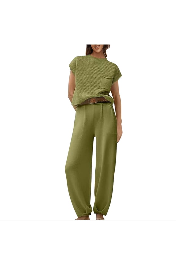 Womens Two Piece Outfits Knit Sweater Sets Matching Lounge Set Sweatsuit Tracksuit Summer Trendy Clothes Green XXL