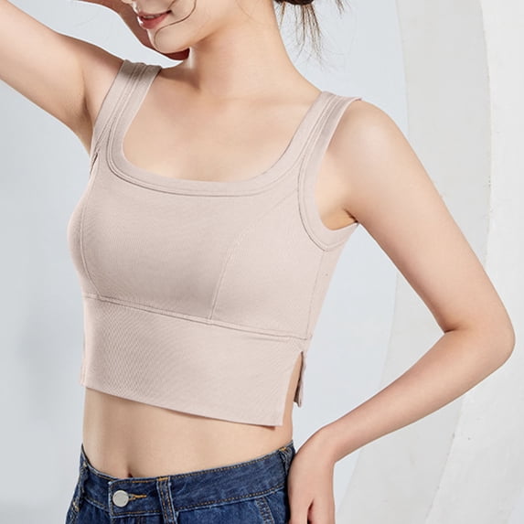 WCMZJ Womens U Back Ribbed Sports Bra Square Neck Padded Low Impact Yoga Bra Workout Crop Top with Built in Bra Beige M