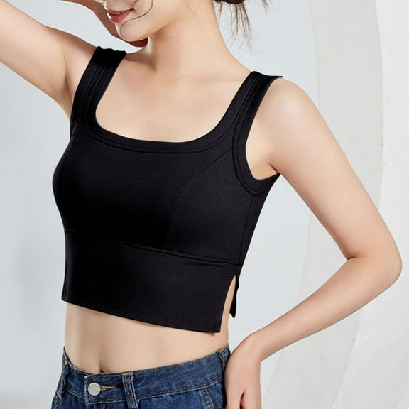 WCMZJ Womens U Back Ribbed Sports Bra Square Neck Padded Low Impact Yoga Bra Workout Crop Top with Built in Bra Black XL