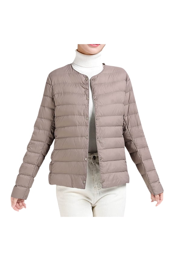 Womens Ultra Lightweight Packable Short Down Jacket Fashion Collarless Button Down Quilted Puffer Parka Coats Outerwear Khaki XXL