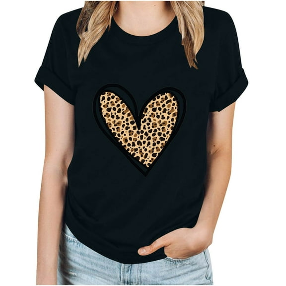 WCMZJ Womens Valentine Shirts Crew Neck Short Sleeve Leopard Valentine's Day T Shirt Plaid Love Heart Graphic Tees Black XXL