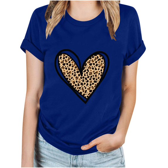 WCMZJ Womens Valentine Shirts Crew Neck Short Sleeve Leopard Valentine's Day T Shirt Plaid Love Heart Graphic Tees Blue L