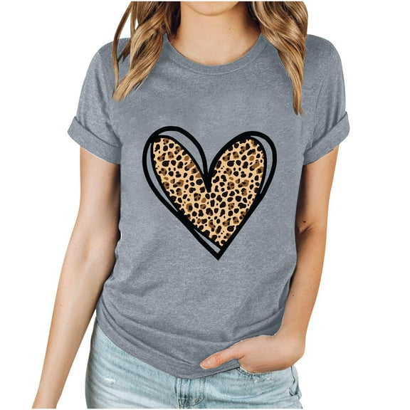 WCMZJ Womens Valentine Shirts Crew Neck Short Sleeve Leopard Valentine's Day T Shirt Plaid Love Heart Graphic Tees Gray M