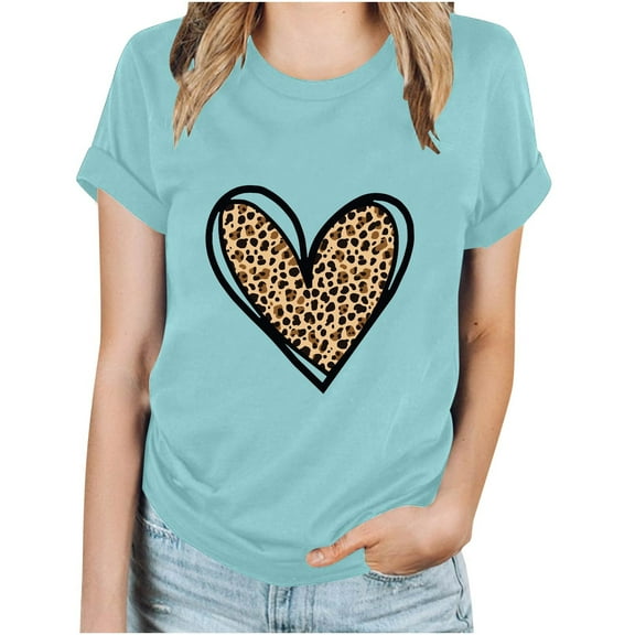 WCMZJ Womens Valentine Shirts Crew Neck Short Sleeve Leopard Valentine's Day T Shirt Plaid Love Heart Graphic Tees Light Blue L