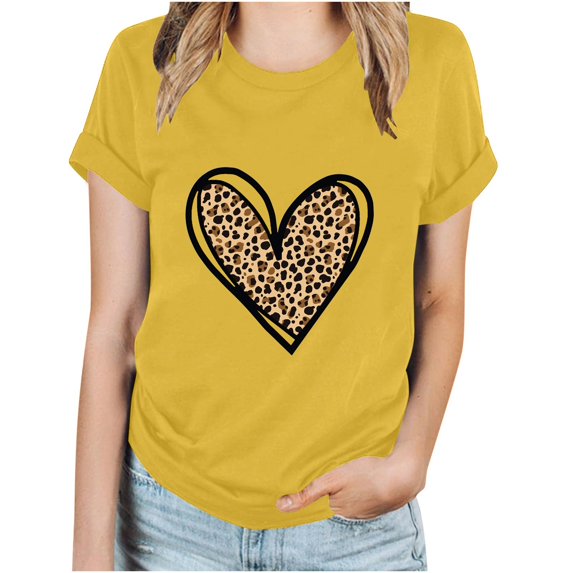 WCMZJ Womens Valentine Shirts Crew Neck Short Sleeve Leopard Valentine's Day T Shirt Plaid Love Heart Graphic Tees Yellow XL