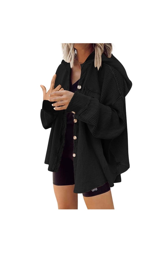 Womens Waffle Knit Shacket Oversized Button Down Shirt Jacket Lightweight Long Sleeve Tops with Pockets Black M