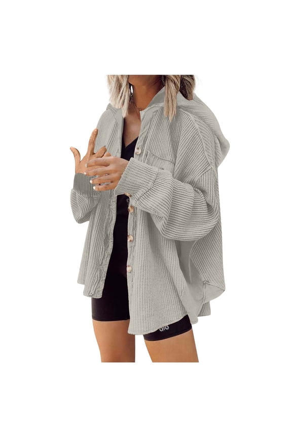 Womens Waffle Knit Shacket Oversized Button Down Shirt Jacket Lightweight Long Sleeve Tops with Pockets Gray M