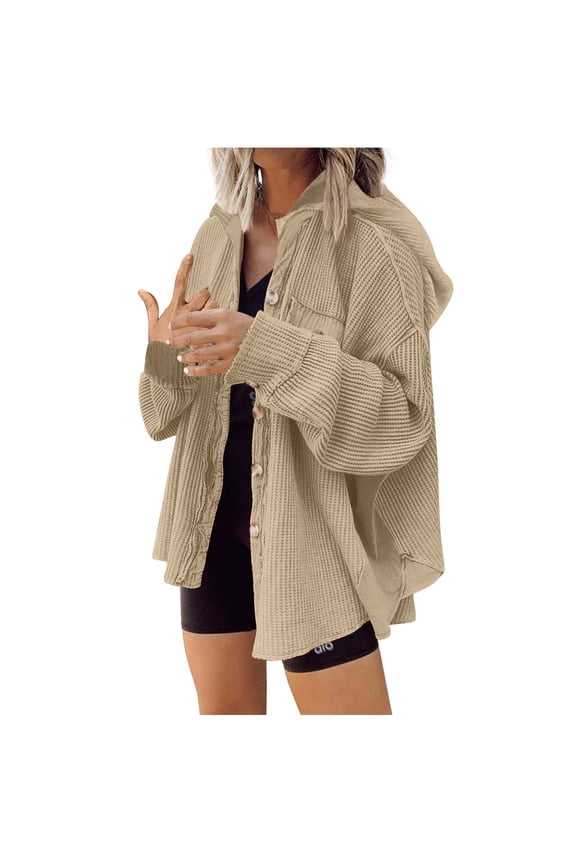 Womens Waffle Knit Shacket Oversized Button Down Shirt Jacket Lightweight Long Sleeve Tops with Pockets Khaki L