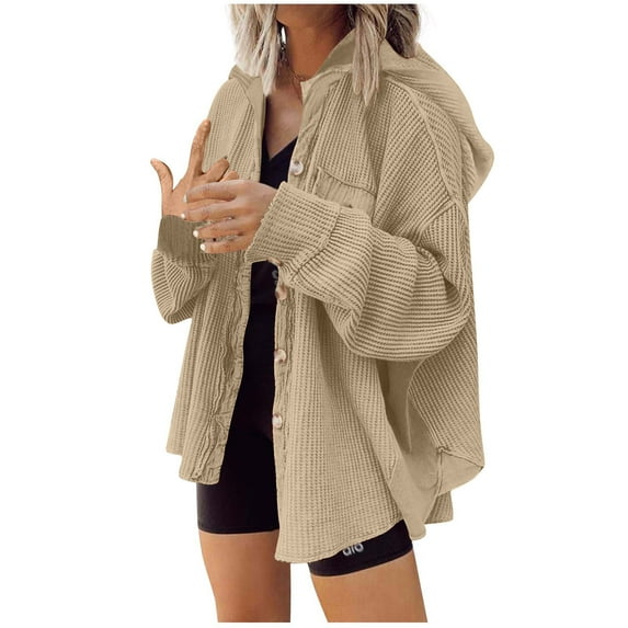 WCMZJ Womens Waffle Knit Shacket Oversized Button Down Shirt Jacket Lightweight Long Sleeve Tops with Pockets Khaki M