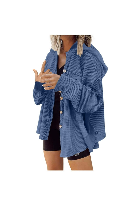 Womens Waffle Knit Shacket Oversized Button Down Shirt Jacket Lightweight Long Sleeve Tops with Pockets Navy L