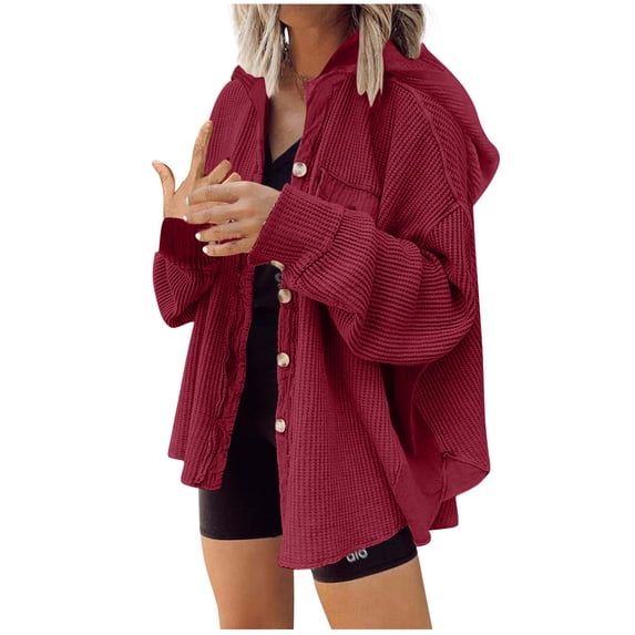 WCMZJ Womens Waffle Knit Shacket Oversized Button Down Shirt Jacket Lightweight Long Sleeve Tops with Pockets Wine L