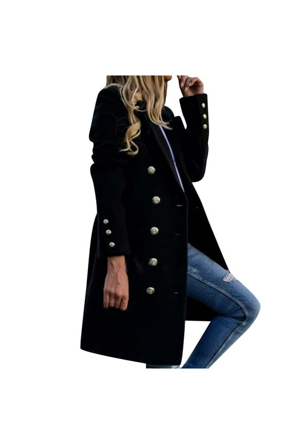 Womens Wool Coat Double Breasted Fall Winter Midi Peacoat Trench Coat Jackets Solid Color Casual Bussiness Work Blazers Black 3XL
