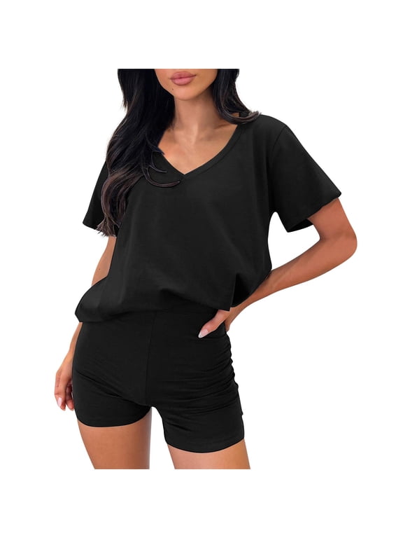 Womens Workout Sets Summer Outfits 2025 Fashion 2 Piece Lounge Set Matching Clothing V Neck Shirts and Biker Shorts Tracksuit
