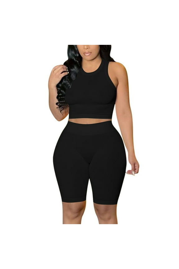Workout Sets for Women 2 Piece Seamless Ribbed Crop Tank Top Sport High Waist Biker Shorts GYM Yoga Exercise Outfits Black XXL