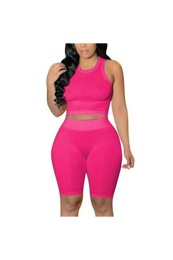 Workout Sets for Women 2 Piece Seamless Ribbed Crop Tank Top Sport High Waist Biker Shorts GYM Yoga Exercise Outfits Hot Pink XXL
