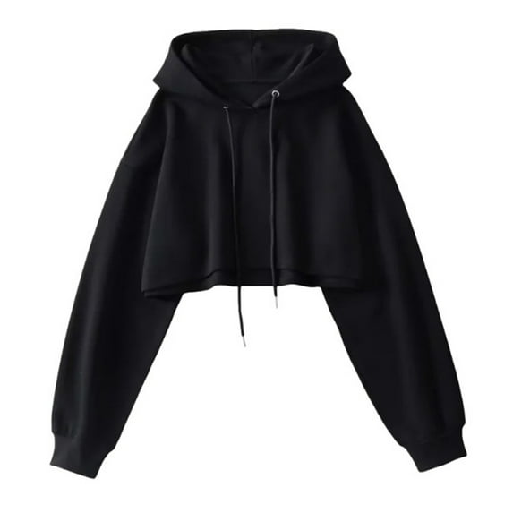 WCMZJ Zip Up Hoodie Women Cropped Casual Sweatshirts Workout Long Sleeve Drawstring Hooded Jacket Crop Tops Black S