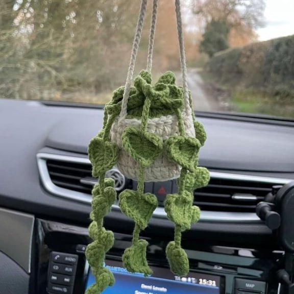 WCX Hanging Plant Crochet for Car Decor Handmade Crochet Car Basket Cute Potted Plants,Car Ornament Rear View Mirror Hanging Accessories, Green Vines-0614