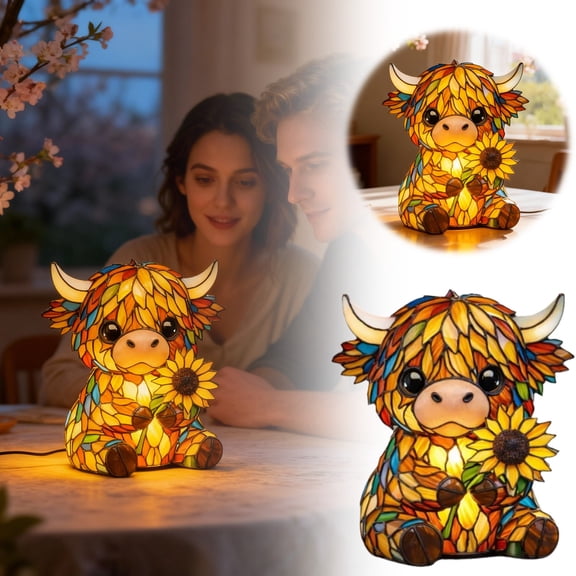 WD-Forest 5.9in Highland Cow Resin Night Light Stained Glass Sunflower Animal Night Lamp Cute Spring Decor for Bedroom & Living Room Decor