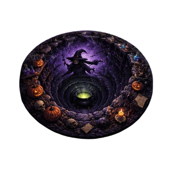WD-Forest Halloween 3D Optical Illusion Round Rug, 23.62" Glowing Witch Hole Visual Doormat, Non-Slip Flannel Floor Mat for Bedroom Living Room Entryway