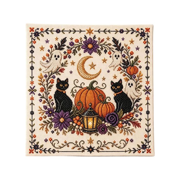 WD-Forest Halloween Pattern Cross Stitch Kit, Stamped Embroidery Pattern with Folk Art Designs, DIY Seasonal Home Decor for Adults