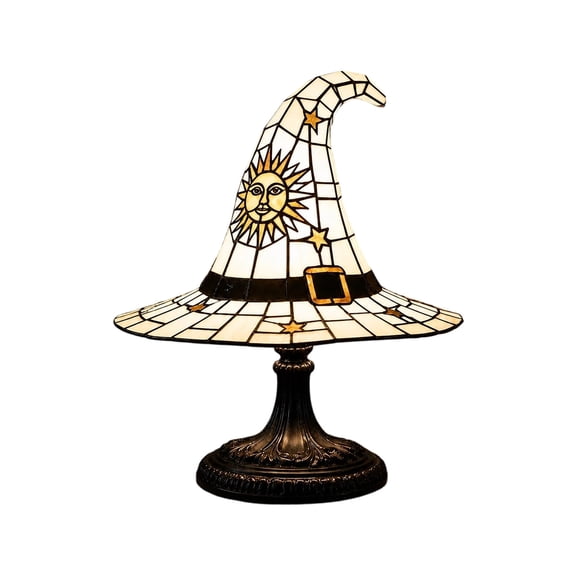 WD-Forest Halloween Stained Glass Witch Hat Lamp, 7.1" Gothic Resin Night Light, USB Powered Warm Glow Halloween Decor for Bedroom Bookshelf
