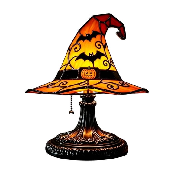 WD-Forest Halloween Stained Glass Witch Hat Lamp, 7.5" Resin Night Light with Bat Pattern, Warm Glow Plug-in Desk Lamp for Bedroom & Holiday Party
