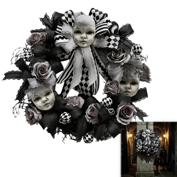 WD-Forest Halloween Wreath, 17" Gothic Doll Face Front Door Hanger with Lace Ribbon Indoor Outdoor Party Ornament