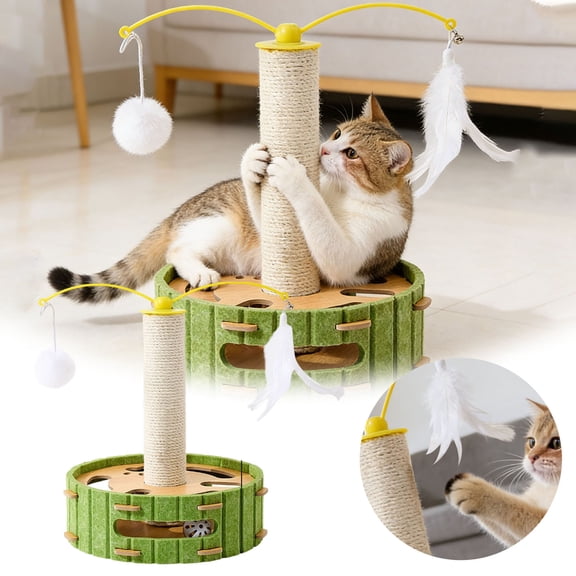 WD-Forest Round Interactive Cat Puzzle Toy 3-in-1 Activity Center with Feather Teaser Track Scratching Post & Spinning Balls for Indoor Cats & Kittens