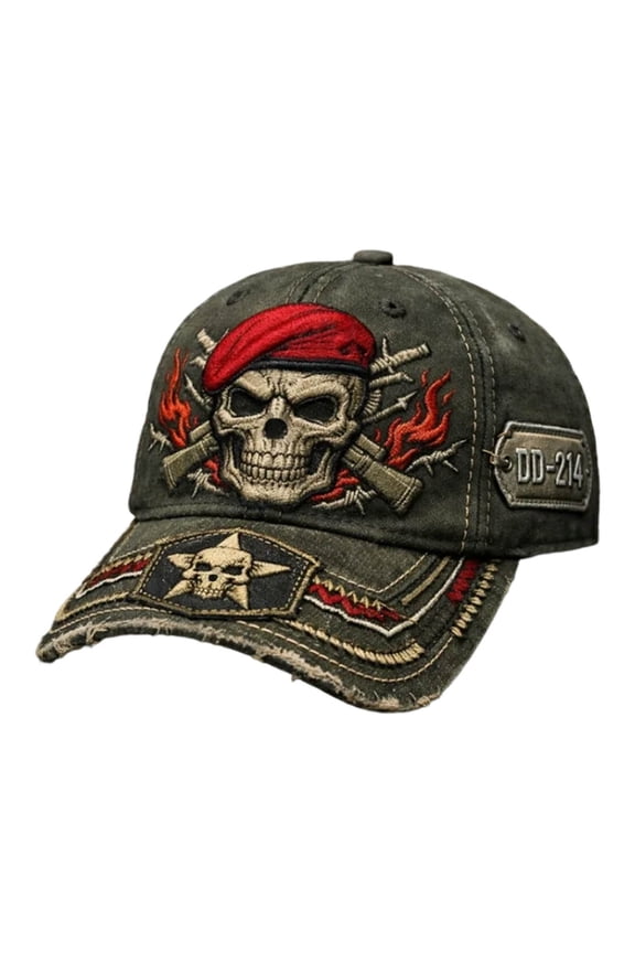 Veteran Distressed Baseball Cap 21.7-23.6in Adjustable Skull Embroidered Hat for Outdoor Spring Summer
