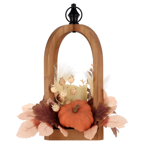Light-Up Wood Foliage and Pumpkin Lantern Decoration, Orange and Cream, 15.5", Fall by Way To Celebrate