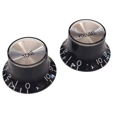 WD Left Hand Guitar Knobs LP Volume Tone Bell Set 2 Black With Silver Top
