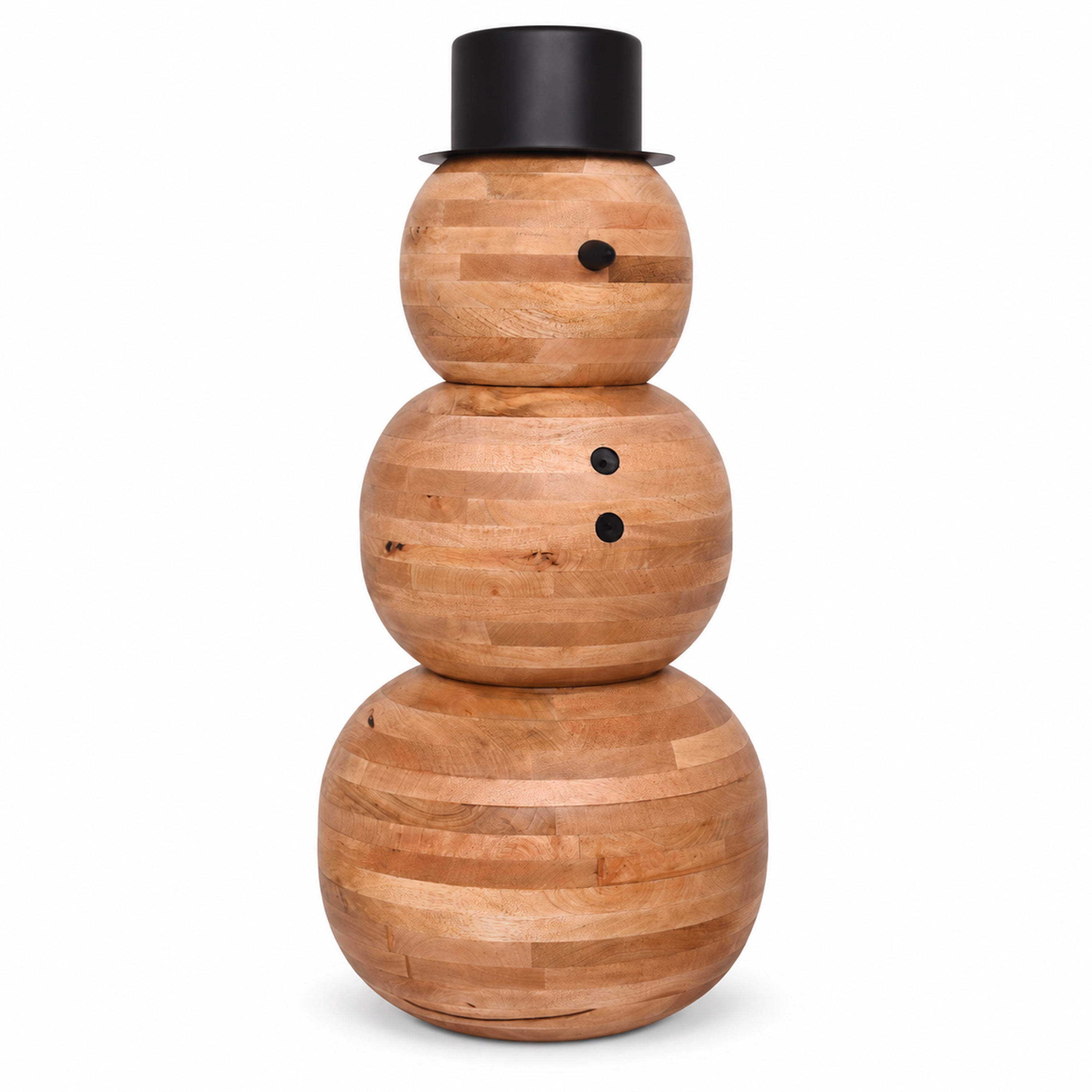 Holiday Time Wood Decorative Snowman with Black Metal Hat, Natural Finish, Christmas Outdoor Porch Decor, 34 in