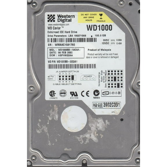 WD1000BB-00CAA1, DCM HSFHNQ2AA, Western Digital 100GB IDE 3.5 Hard Drive