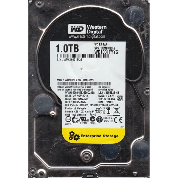 WD1001FYYG-01SL3W0, DCM HBRCNVJMB, Western Digital 1TB SAS 3.5 Hard Drive