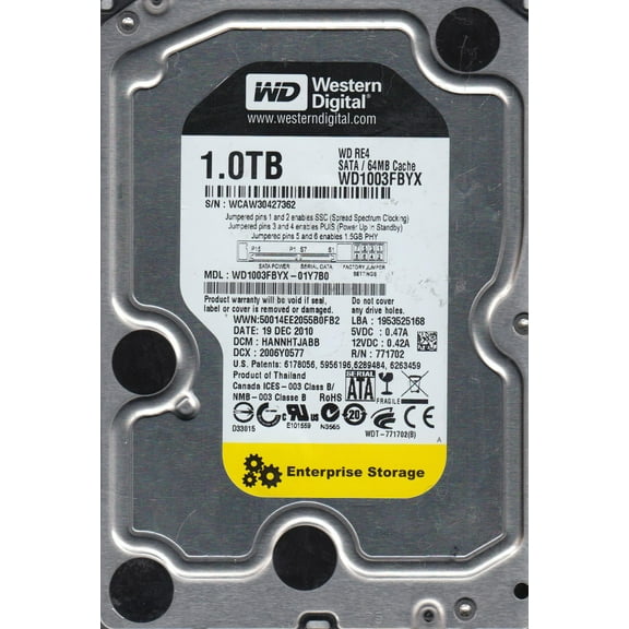 WD1003FBYX-01Y7B0, DCM HANNHTJABB, Western Digital 1TB SATA 3.5 Hard Drive