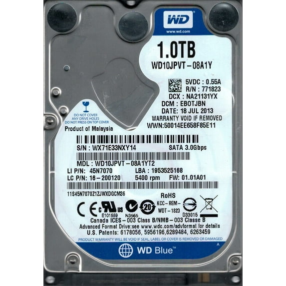 WD10JPVT-08A1YT2 DCM: EBOTJBN WX71E Western Digital 1TB