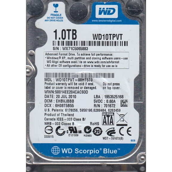 WD10TPVT-00HT5T0, DCM EHBVJBBB, Western Digital 1TB SATA 2.5 Hard Drive