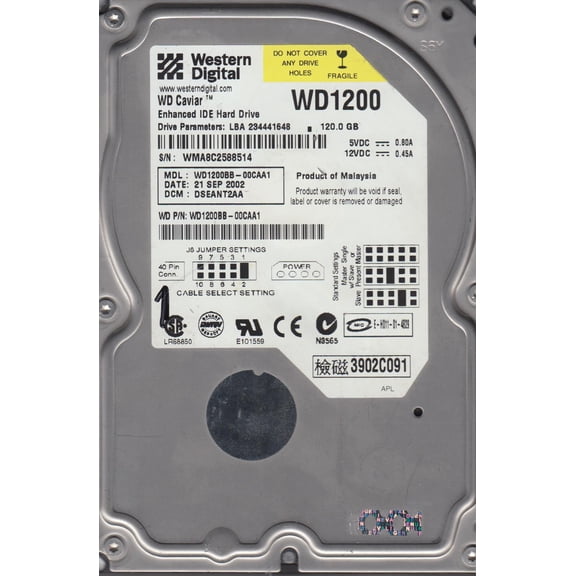 WD1200BB-00CAA1, DCM DSEANT2AA, Western Digital 120GB IDE 3.5 Hard Drive