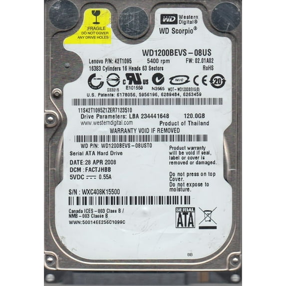 WD1200BEVS-08UST0, DCM FACTJHBB, Western Digital 120GB SATA 2.5 Hard Drive