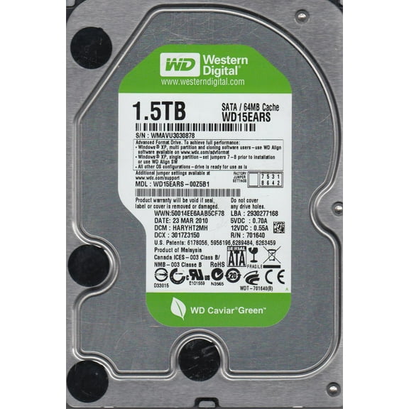 WD15EARS-00Z5B1, DCM HARYHT2MH, Western Digital 1.5TB SATA 3.5 Hard Drive