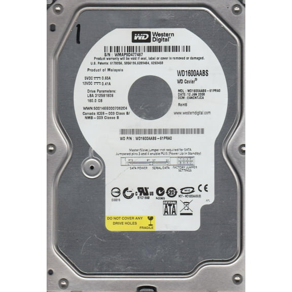 WD1600AABS-61PRA0, DCM EANCNTJCA, Western Digital 160GB SATA 3.5 Hard Drive