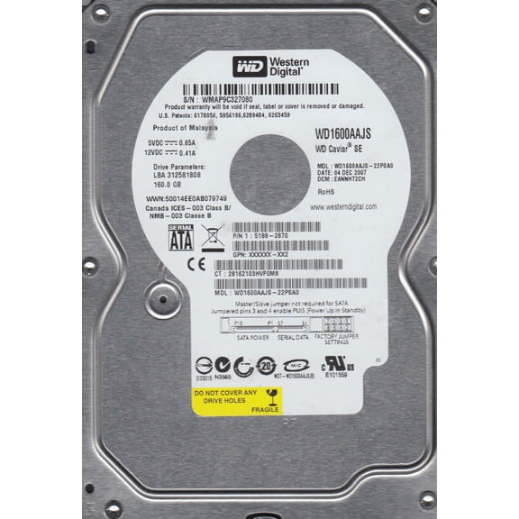 WD1600AAJS-22PSA0, DCM EANNHT2CH, Western Digital 160GB SATA 3.5 Hard Drive