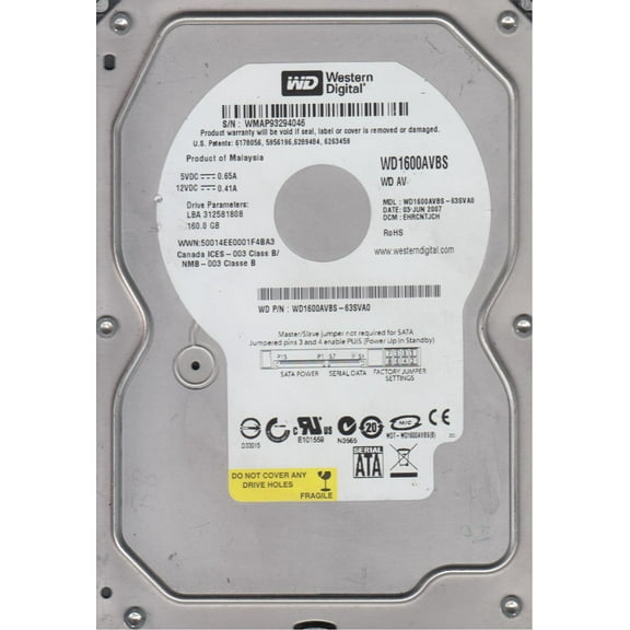 WD1600AVBS-63SVA0, DCM EHRCNTJCH, Western Digital 160GB SATA 3.5 Hard Drive