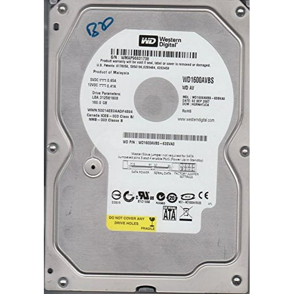 WD1600AVBS-63SVA0, DCM HGRNHTJCA, Western Digital 160GB SATA 3.5 Hard Drive