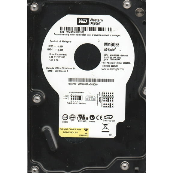 WD1600BB-56RDA0, DCM DSCHNTJAH, Western Digital 160GB IDE 3.5 Hard Drive