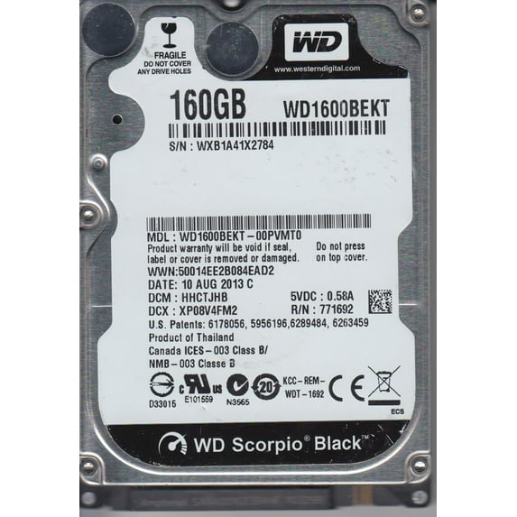 WD1600BEKT-00PVMT0, DCM HHCTJHB, Western Digital 160GB SATA 2.5 Hard Drive